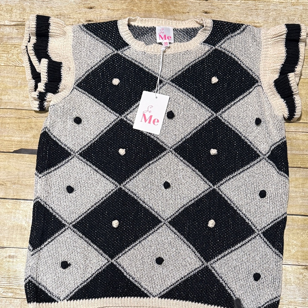 So Me Black and Cream Argyle Knit Top